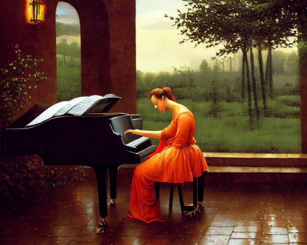 Woman in orange dress plays grand piano in serene outdoor scene with greenery and lantern.