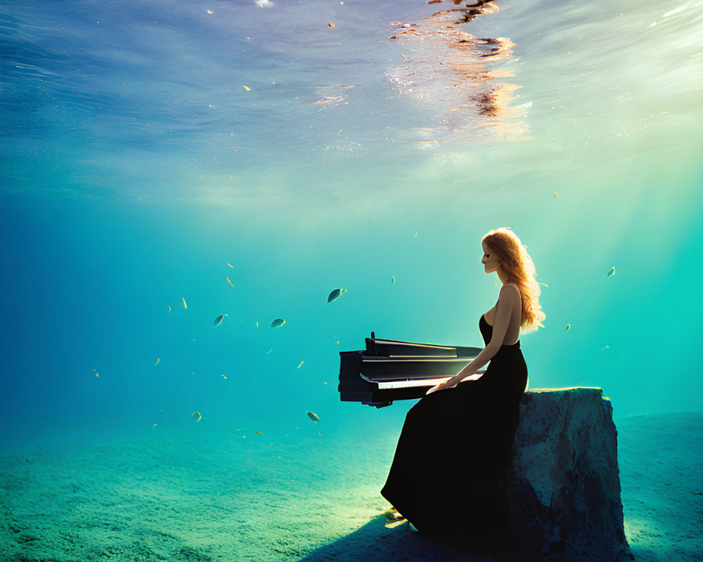 Woman in black dress playing piano underwater with fish and light streams