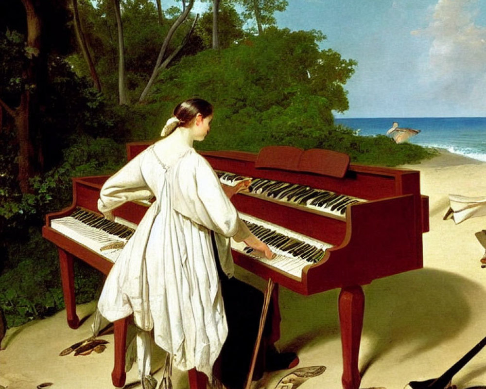 Woman in white dress plays grand piano on beach with trees, sheet music, and bird.