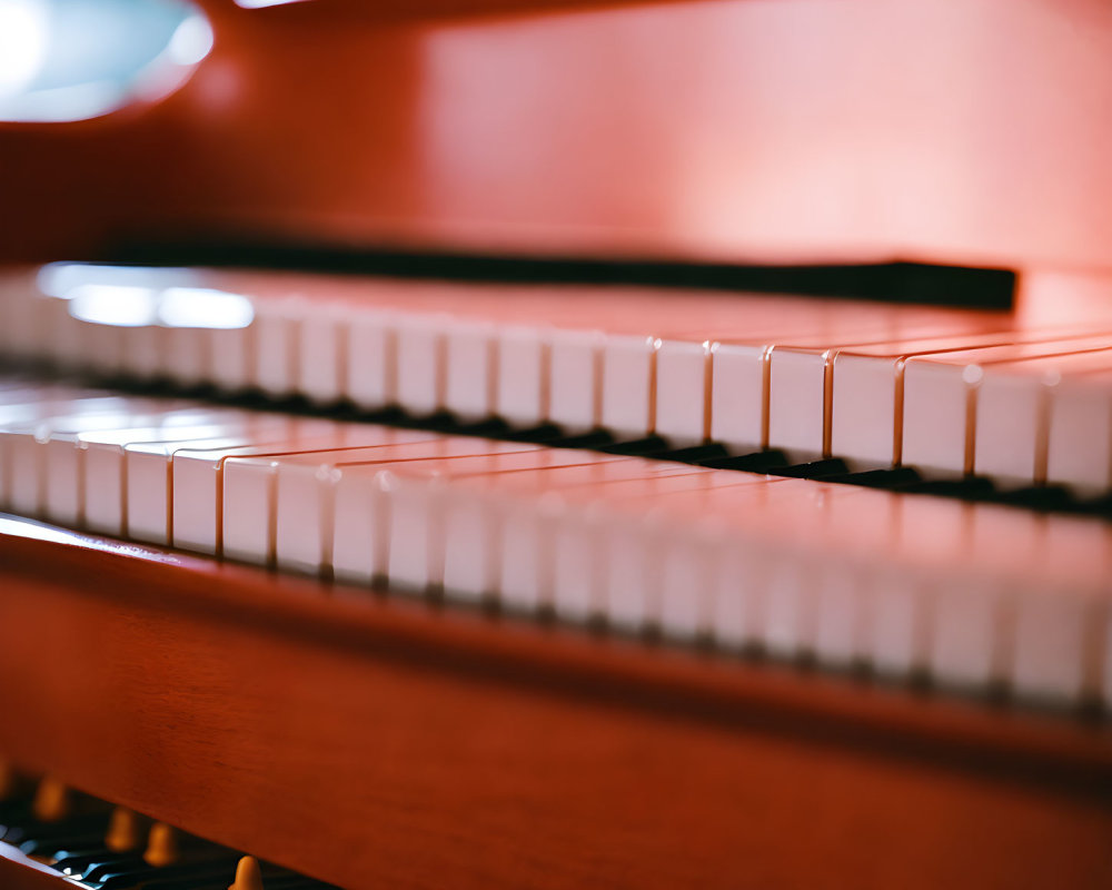 Detailed View of Black and White Piano Keys with Red Wood Showing