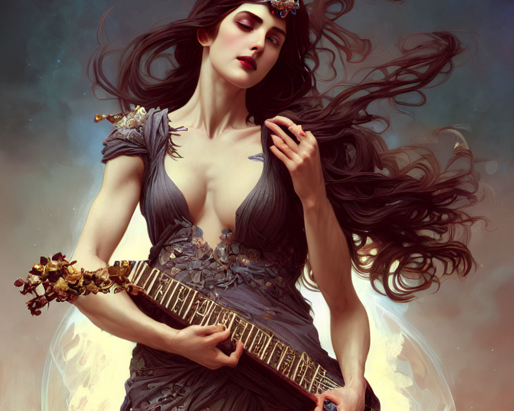 Ethereal woman with dark hair and ornate dress plays stringed instrument against celestial backdrop