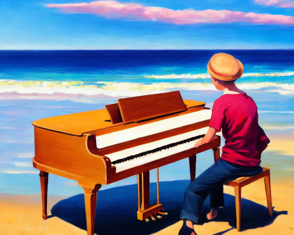 Person in Red Shirt Plays Grand Piano on Sandy Beach