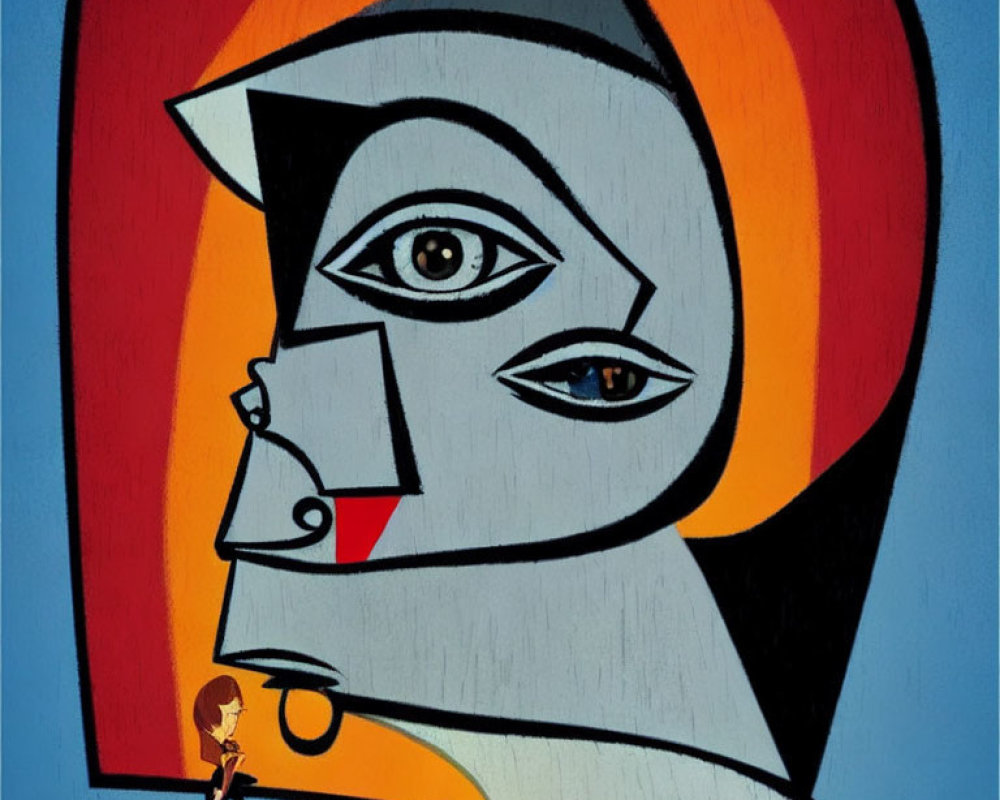 Abstract painting of stylized female face with multiple eyes on blue background.