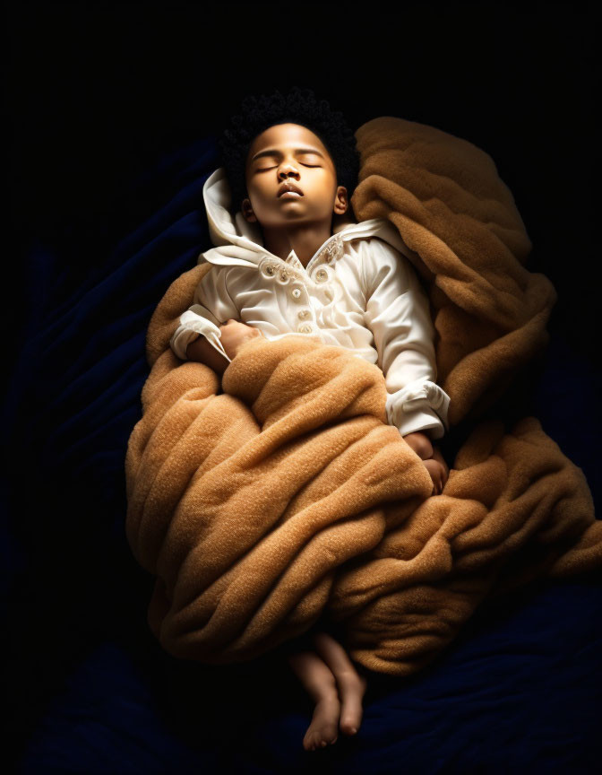 Child Sleeping Peacefully in Plush Amber Blanket on Dark Blue Background