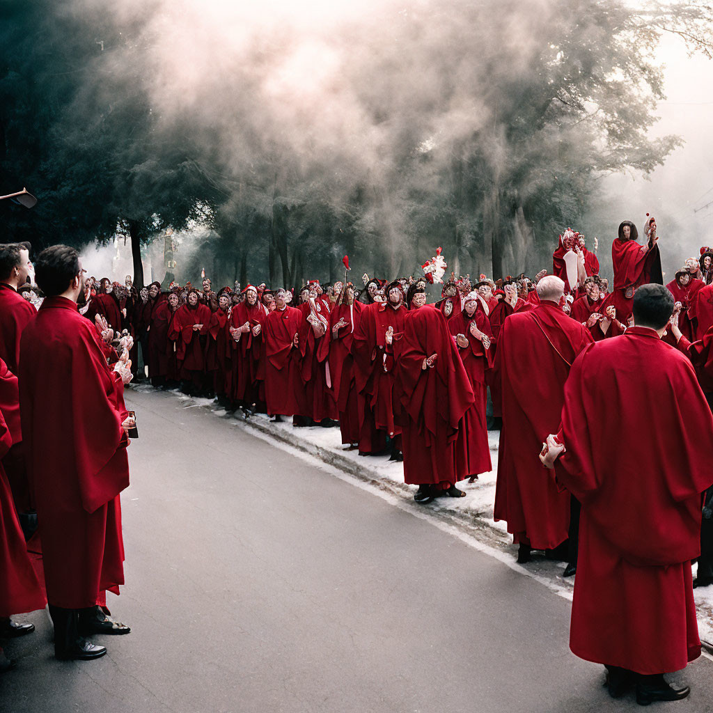 Individuals in Red Cloaks and White Hats Gathered in Procession on Road Amidst Smoke or