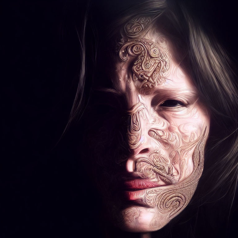 Intricate Tribal Patterns on Woman's Face in Dark Background