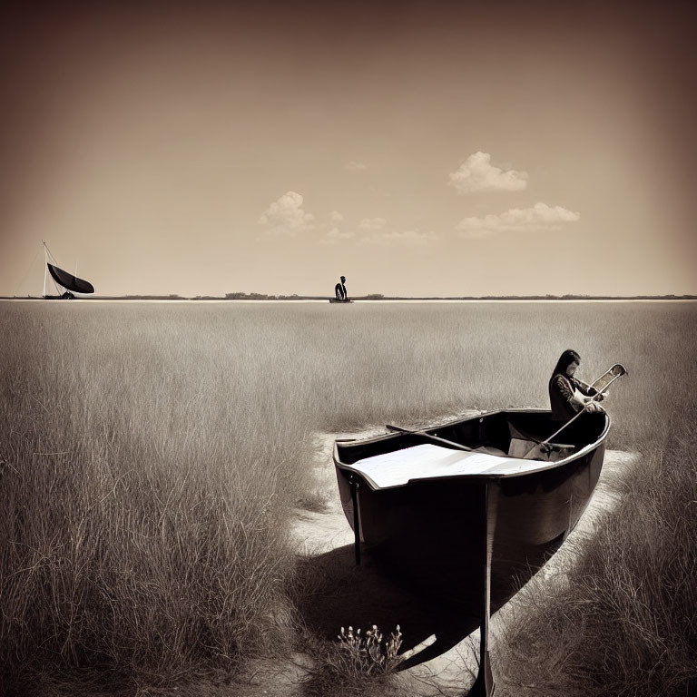 Sepia-Toned Image of Abandoned Rowboat in Grass Field