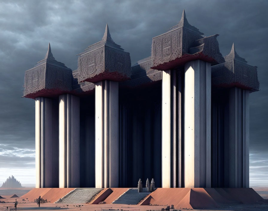 Majestic fictional palace with towering pillars in desolate landscape