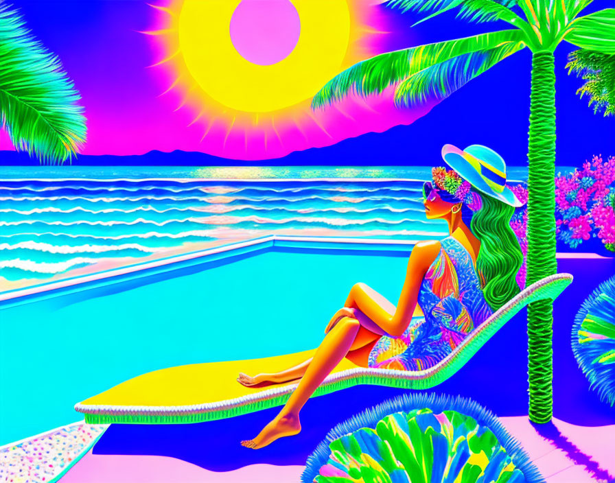 Neon-colored artwork: Woman on beach chair by pool, sea view