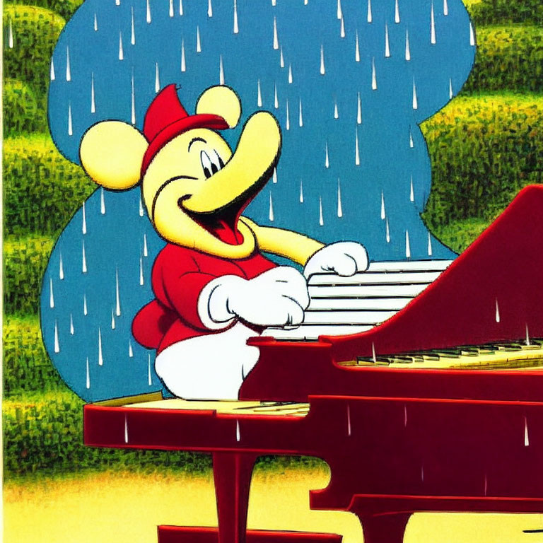 Cartoon character playing red grand piano outdoors in rain with green background.