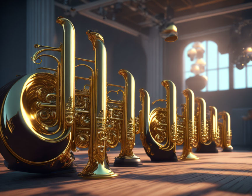 Row of Golden Tubas on Wooden Floor with Large Windows Background