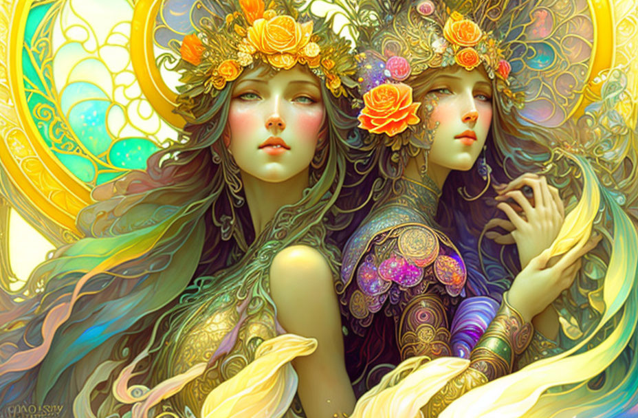 Ethereal female figures with ornate floral headpieces and flowing pastel hair