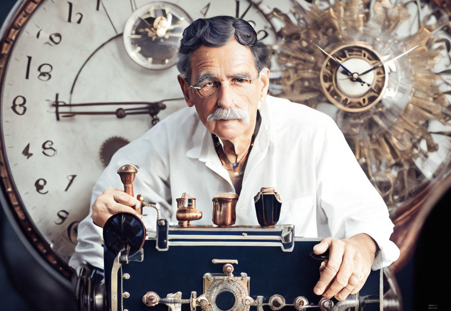 Elderly Man with Mustache Repairing Vintage Machine Among Large Clocks