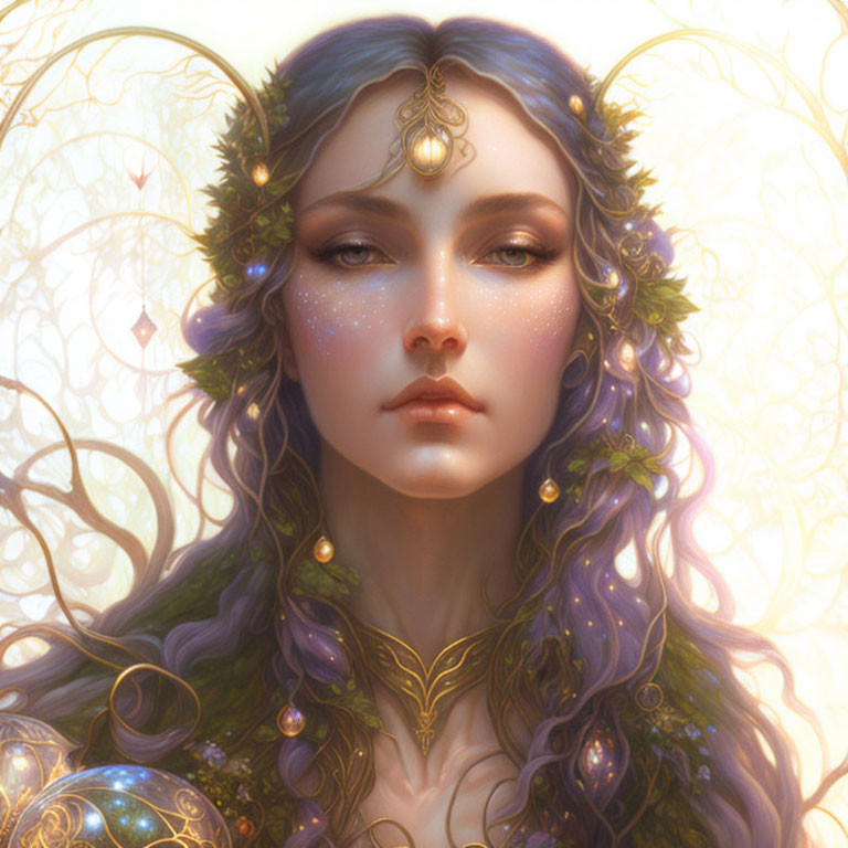 Ethereal woman with celestial freckles, purple hair, and ornate gold jewelry