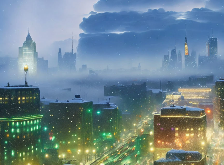 Snowy evening in bustling cityscape with illuminated buildings under hazy sky.