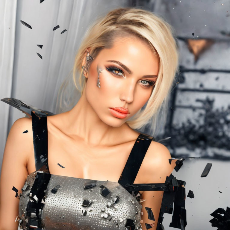 Blonde Woman with Bold Makeup in Edgy Futuristic Setting