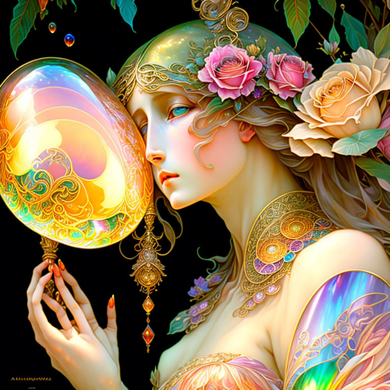 Fantasy artwork of woman with gold and rose adornments holding glowing orb