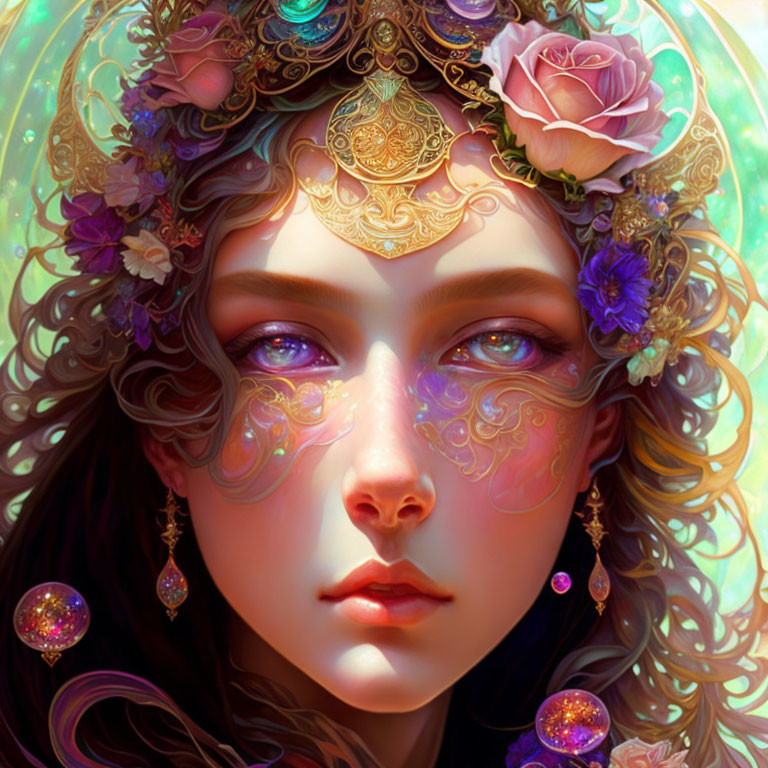 Detailed digital portrait of a person with floral and jewel-encrusted headpiece and intricate face adorn