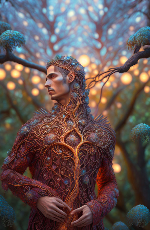 Male figure with tree branch features in mystical forest digital artwork