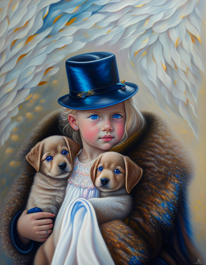 Young girl with blue eyes holding puppies in top hat and fur shawl among stylized feathers