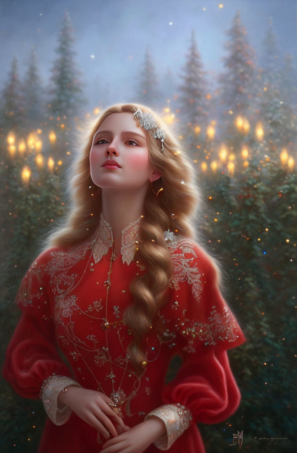 Woman in red embellished dress with jeweled braid in mystical forest with golden orbs