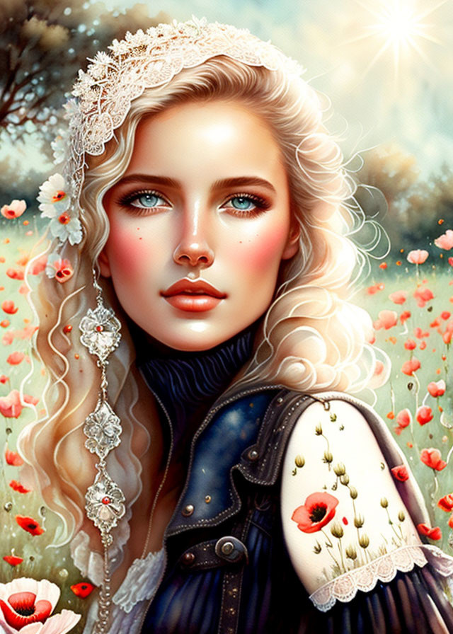 Digital illustration of woman with blue eyes and blonde curly hair in lace headpiece, dark jacket with pop