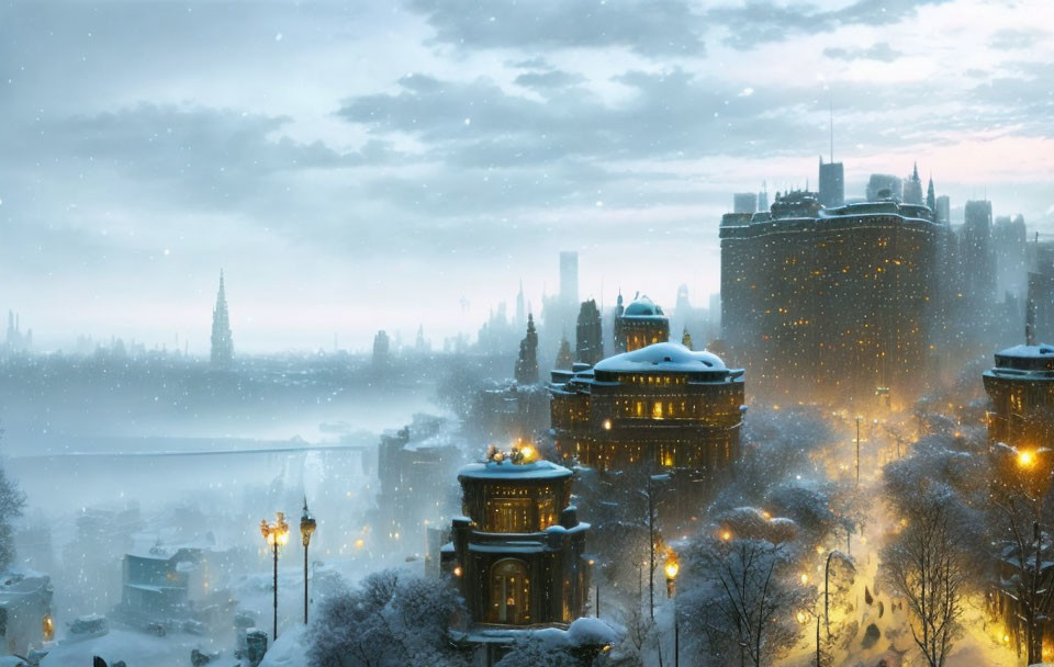 Snowy cityscape at dusk: illuminated buildings, gentle fog, snow flurries