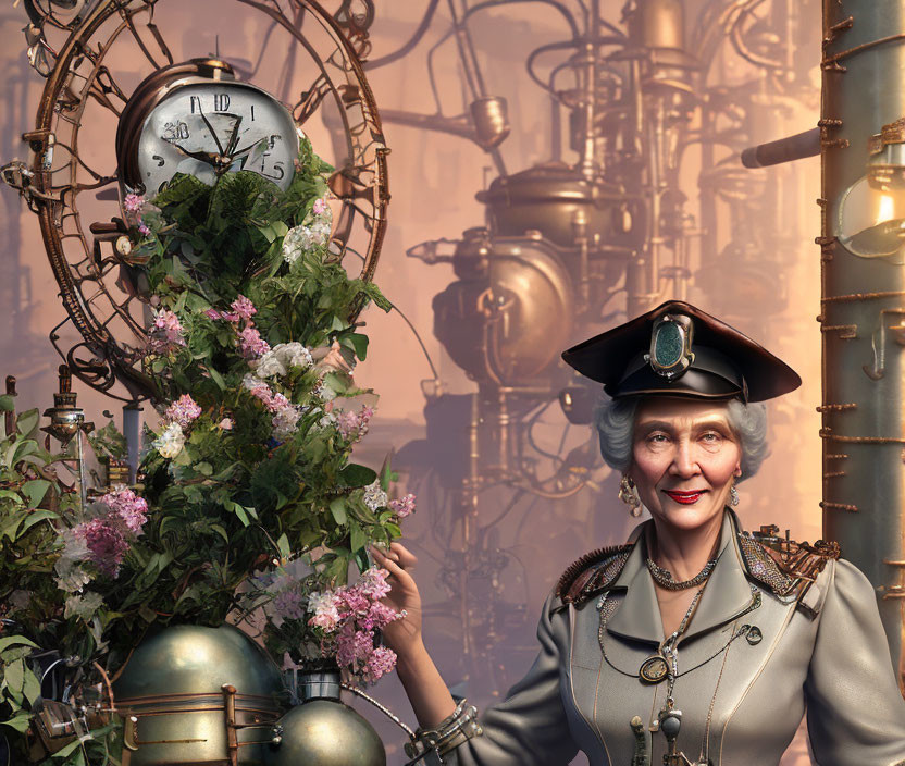 Elderly lady in military-style uniform beside floral clock in steampunk setting