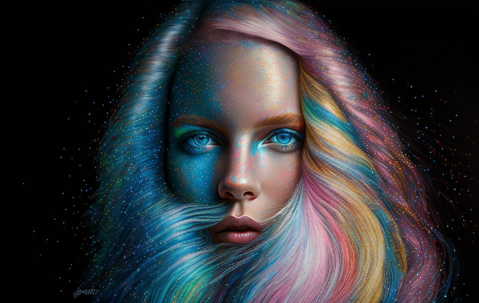 Cosmic-themed digital artwork of woman with multicolored hair.