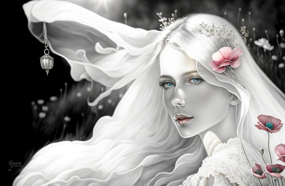 Monochromatic image of woman with blue eyes and floral elements