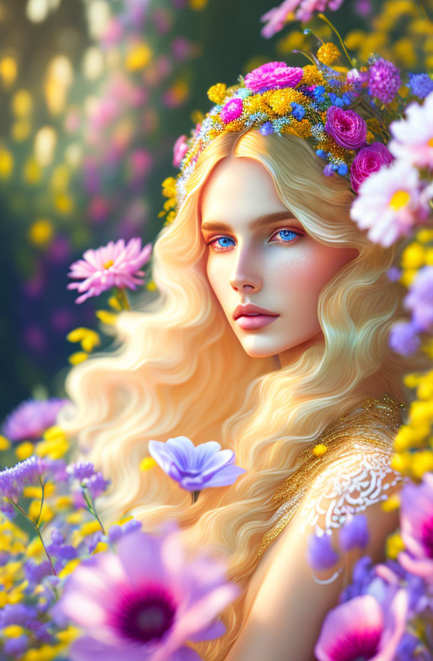 Portrait of Woman with Golden Hair and Floral Wreath in Colorful Flower Surroundings