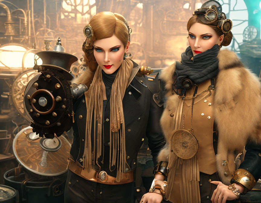 Two Women in Steampunk Attire with Cogwheel Accessories in Front of Mechanical Backdrop