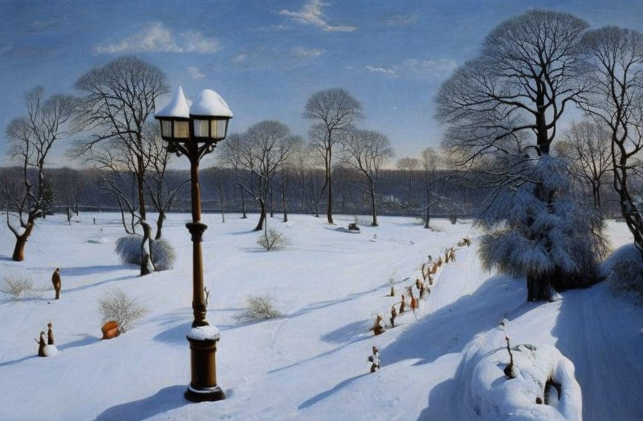 Snowy Landscape with Bare Trees, Street Lamp, and People Enjoying Winter Day