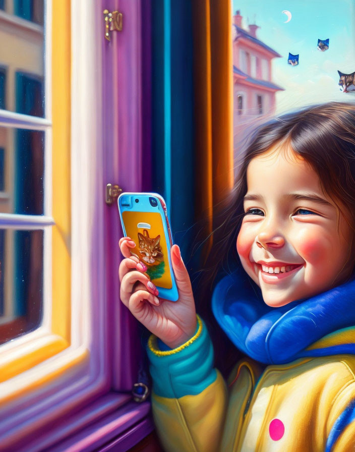 Young girl with brown hair in blue jacket holding cat-designed smartphone by sunny window