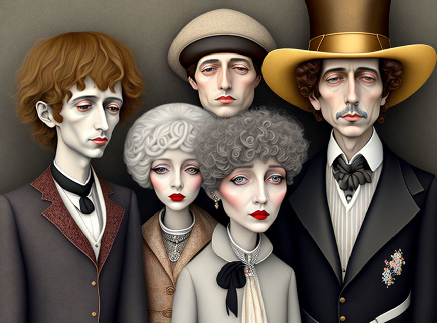 Vintage-styled characters with pale faces and red lips in formal attire.