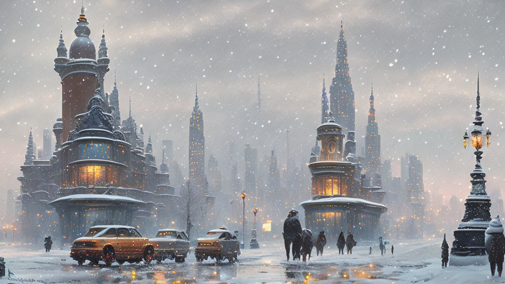 Snowy City Scene: Dusk with Street Lamps, People, Cars, and Ornate Buildings