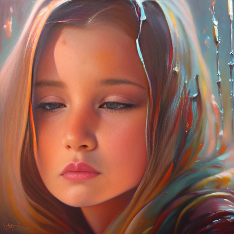 Young girl portrait with serene expression through textured glass, warm tones