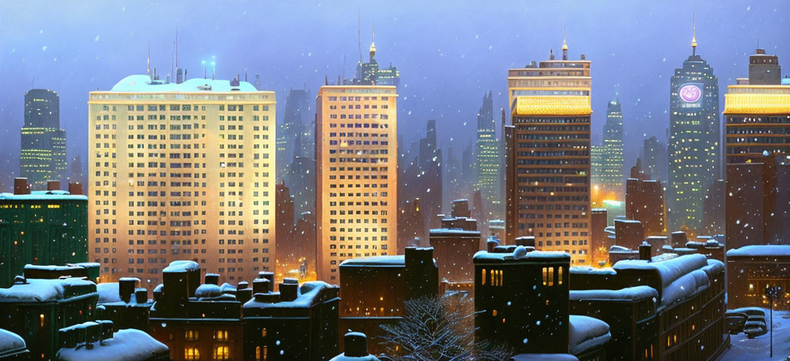 Snowy Night Cityscape: Illuminated Skyscrapers in Dusky Blue Sky