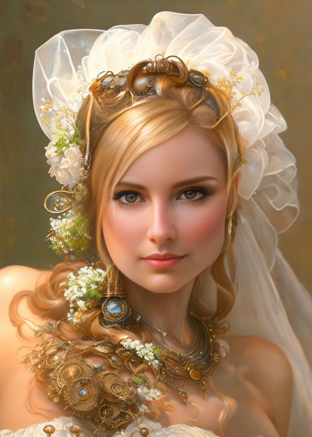 Elaborate golden headgear portrait with white veil and floral decorations