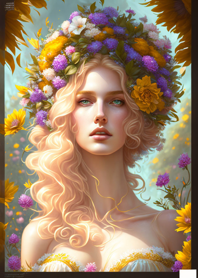 Blonde Woman with Floral Crown Surrounded by Sunflowers