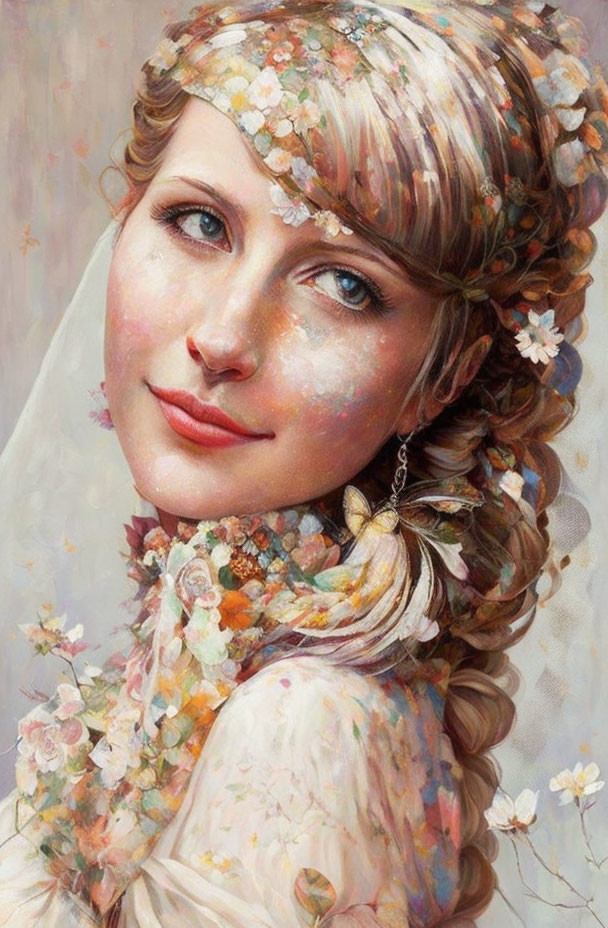 Portrait of a woman in white dress with floral headband capturing whimsical charm