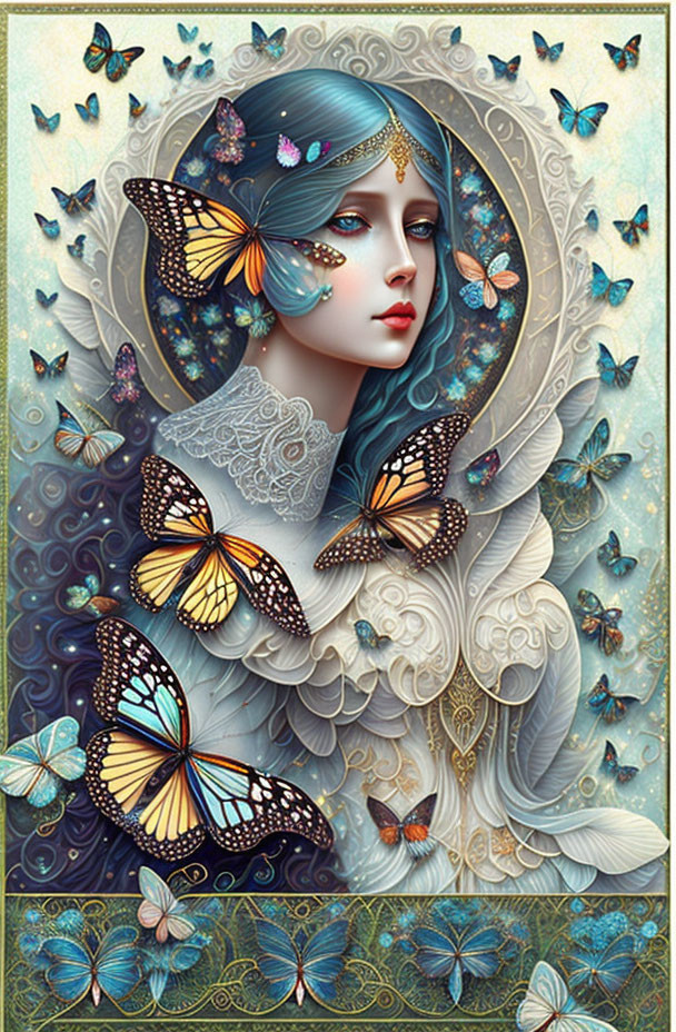 Stylized illustration of woman with blue hair and butterflies on ornate background