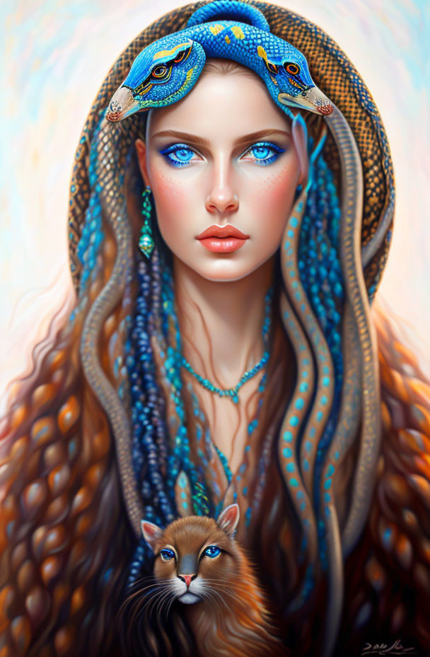 Woman with Blue Eyes & Peacock Headpiece, Brown Hair & Cat