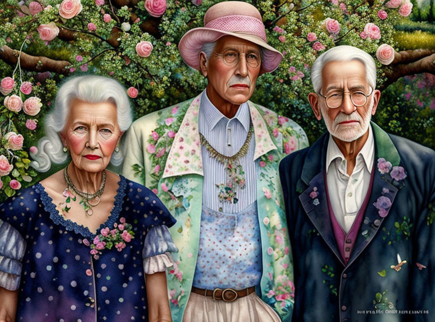 Elegant vintage dressed elderly trio in lush garden with butterfly