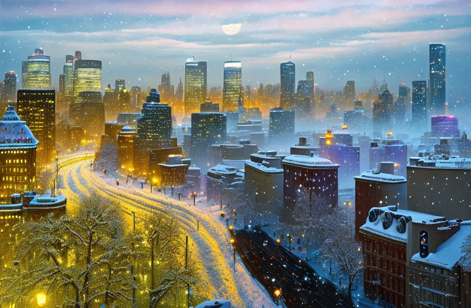 Snow-covered winter cityscape at twilight with illuminated buildings