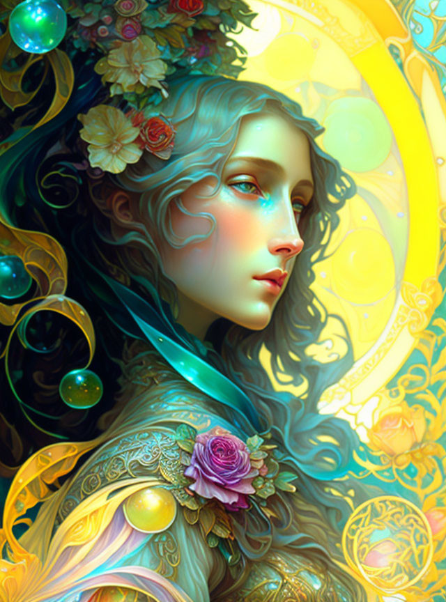 Colorful portrait of a woman with floral hair and crescent moon