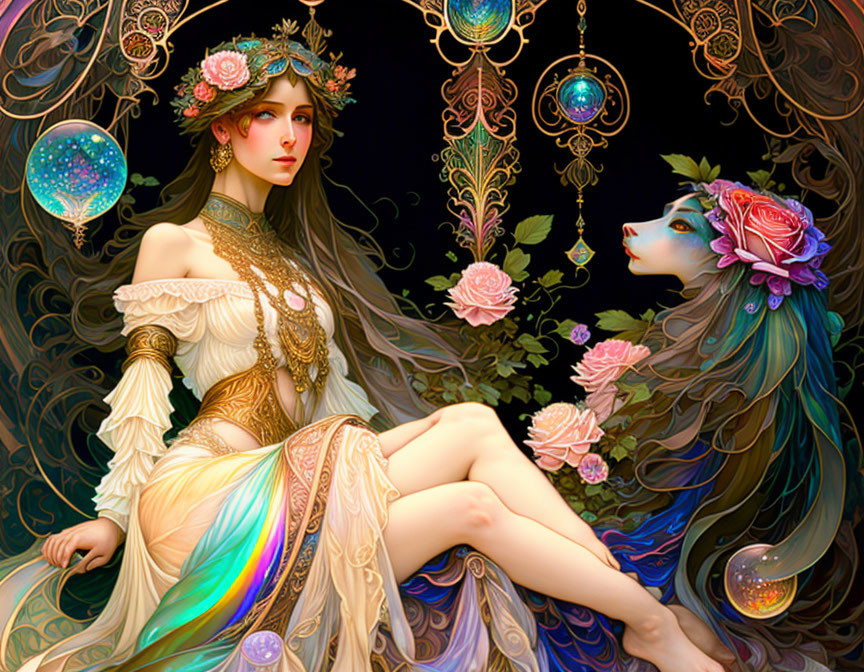 Ethereal artwork of two women with flowers and orbs on dark background