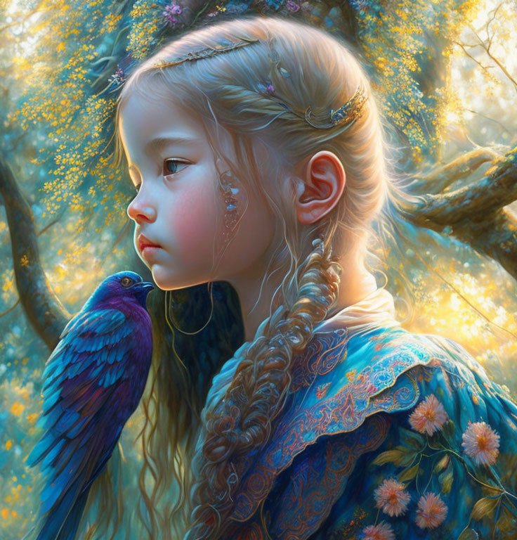 Young girl with intricate braids and blue dress gazes at iridescent bird in sunlit woods