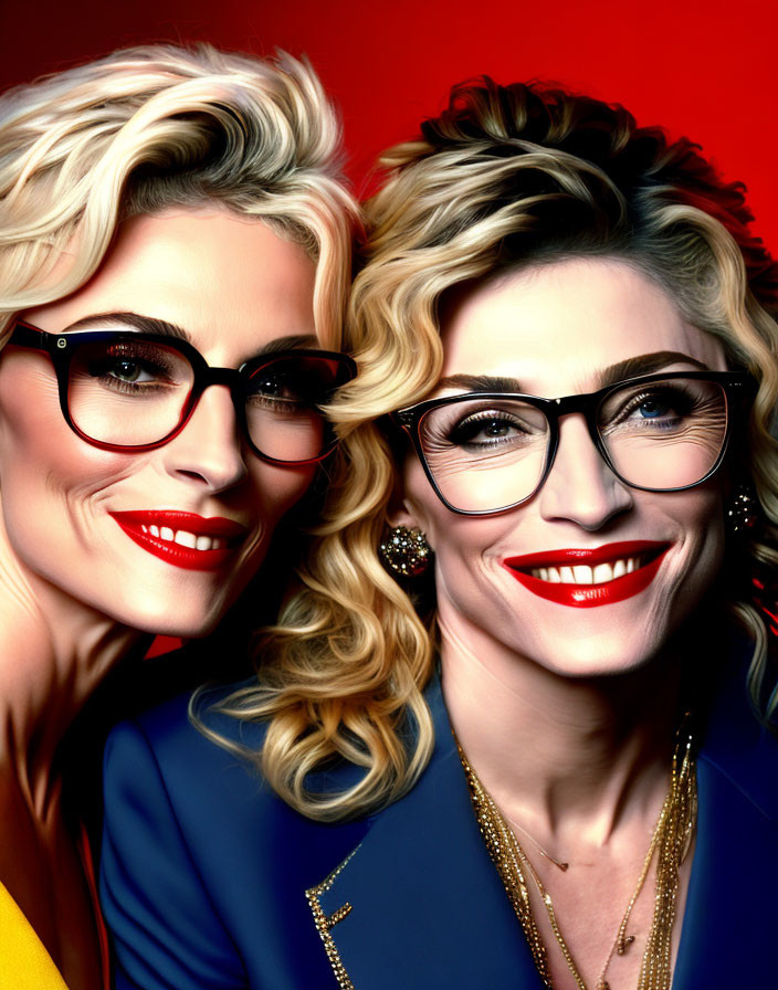 Blond women in glasses and lipstick, blue and yellow outfits, on red backdrop