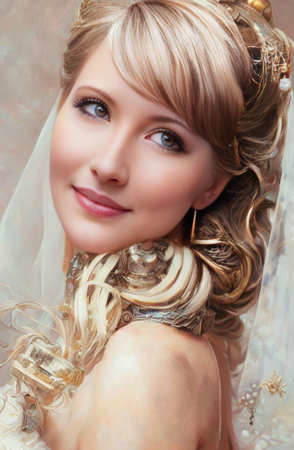 Blonde Woman in Bridal Veil & Gold Necklace Portrait